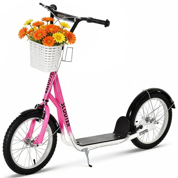 ALPULON 220 LBS Youth Kick Scooter with Basket, Ride On Toy for Kids 5 , 16" Inflatable Wheels, Dual Brakes, Adjustable Handlebar, Pink