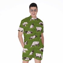 Cow On Green Grass Pattern Short Sleeve Men'S Rompers, Cow Cattle Casual Summer Jumpsuits Outfit