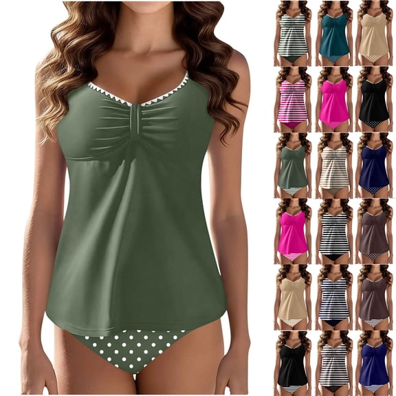 Women's Two Piece Tankini Set Crew Neck Ruffled Tank Tops Trunks Modest Stretchy Quick Dry Bathing Suit (XL, Green)