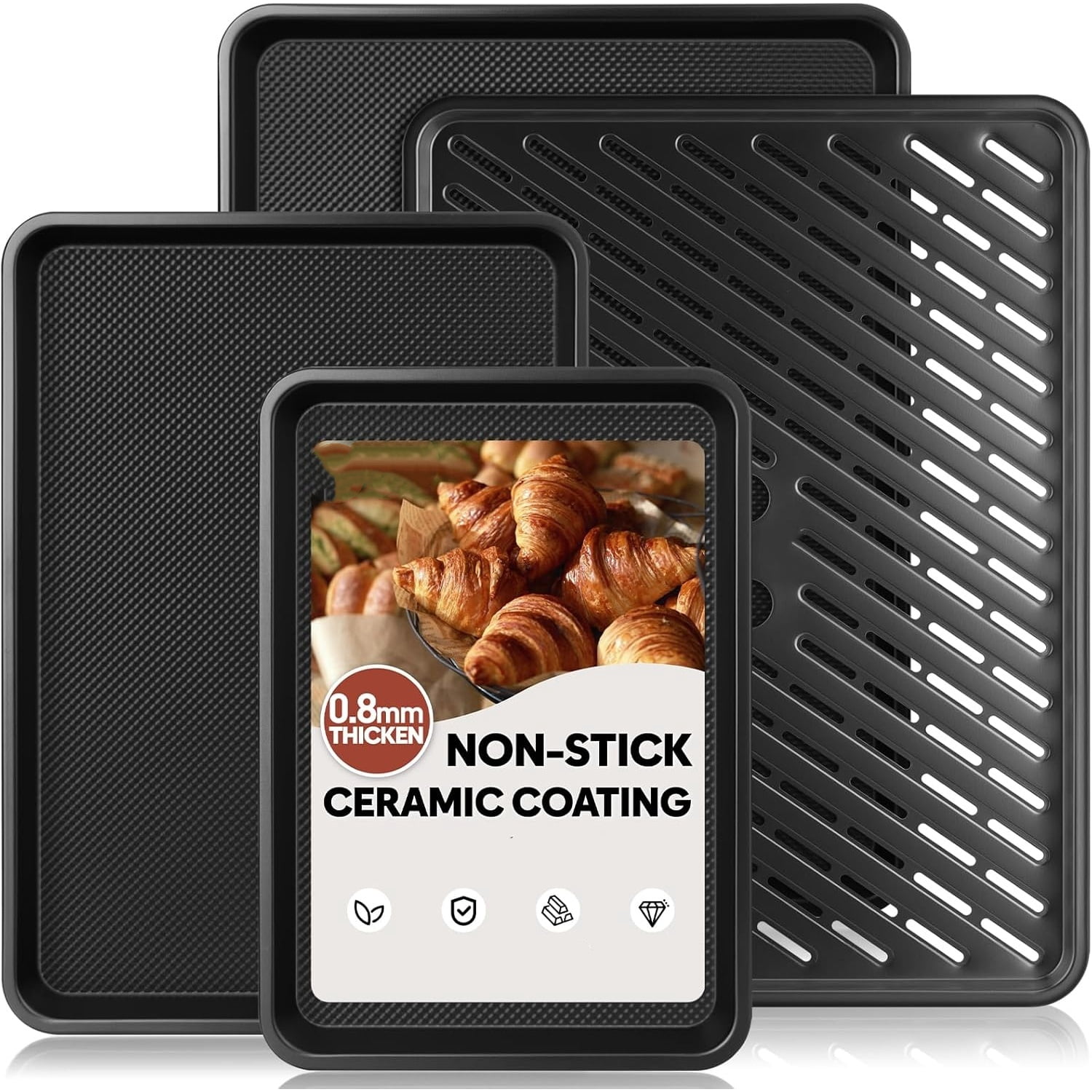 Nonstick Cookie Sheets for Baking with Cooling Rack Set of 4, 0.8mm Thick Heavy Duty Baking Sheets for Oven, Half/Quarter/Jelly Roll Pans Oven Trays, Baking Pan Set with Texture