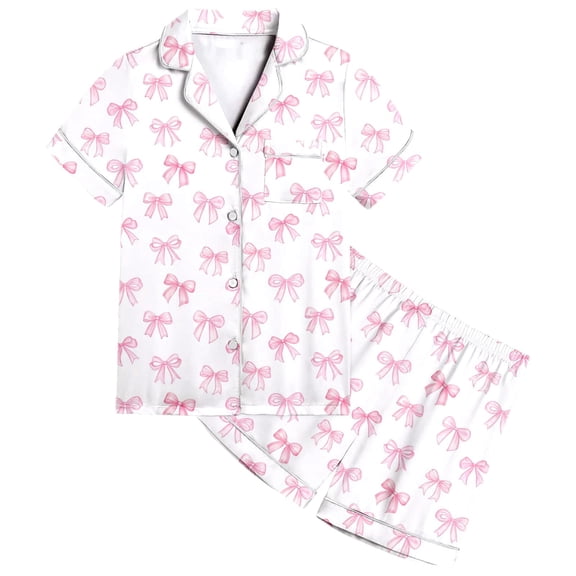 BOOMNY Toddler Girls 2 Peice Pajamas Sets Bowknot Graphic Short Sleeve Buttons Sleepwear Tops Shorts Pjs Set for Kids Cozy Loungewear Homewear