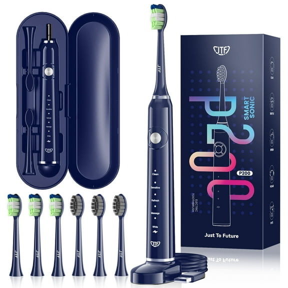 JTF Sonic Electric Toothbrush for Adults and Kids with Travel Case and 6 Brush Heads, 5 Modes 40000 VPM Rechargeable Power Toothbrush with Wireless Charger, IPX7 Waterproof 60-Day Battery Life, Blue