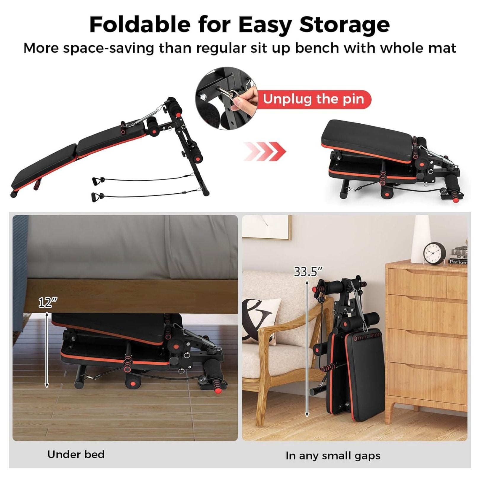Sit Up Bench 330lbs, Folding Decline Workout Bench with Spring Handle & Elastic Ropes, Adjustable Height Incline for Abdominal & Strength Training