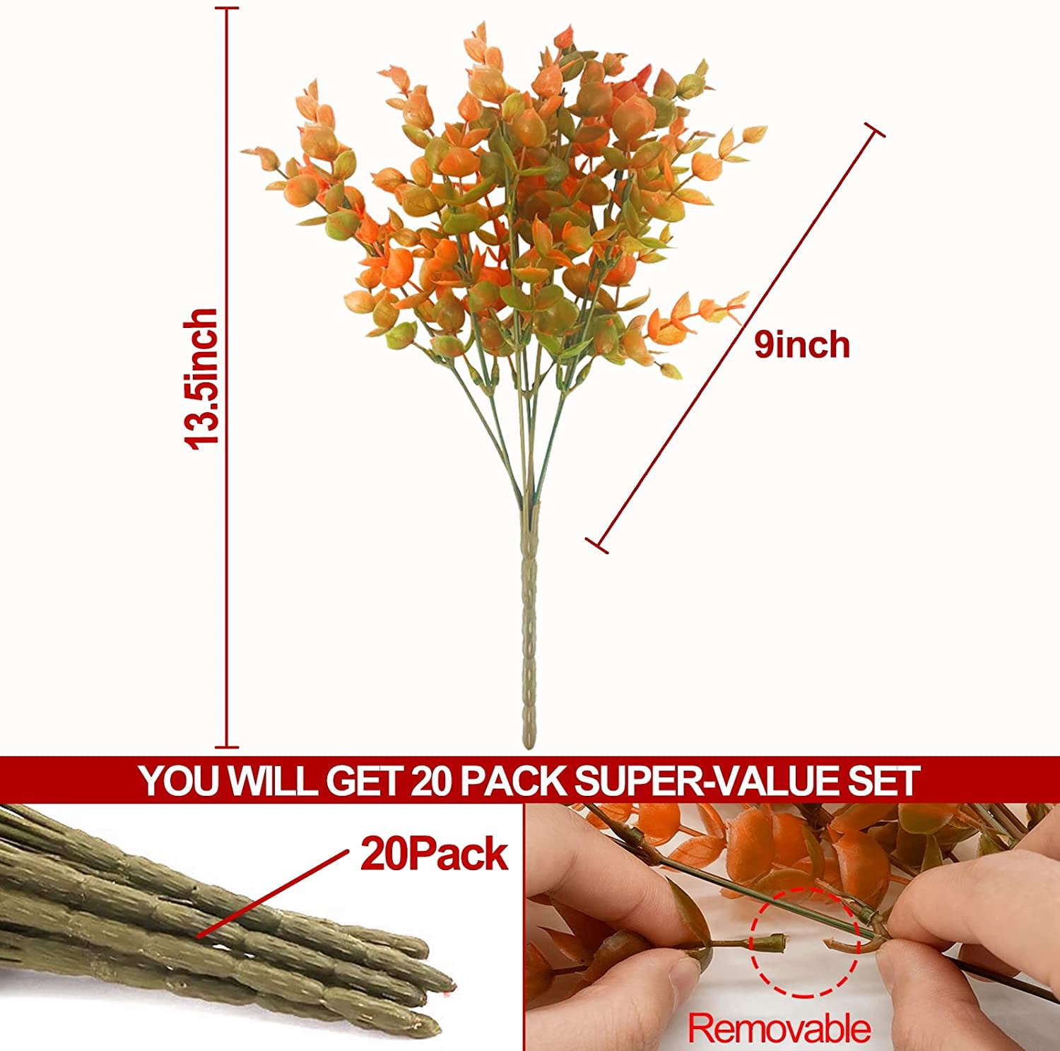 20 Bundles Artificial Flowers for Outdoor Decoration, Fall Decoration UV Resistant Faux Outdoor Plastic Greenery Shrubs Plants Fake Flowers Home Garden Fall Decor(Orange Red)