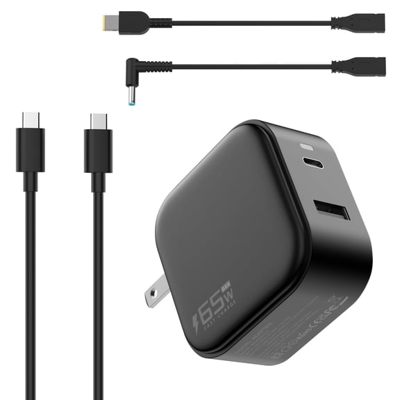 65W Wall Charger, Lenovo Ideapad charger Ultra Compact 3-Port GaN USB C Charger for Lenovo IdeaPad/Yoga/Flex Laptop and All USB-C Devices, Power Cord 4.0x1.7mm and USB-A Yellow Tip Plug