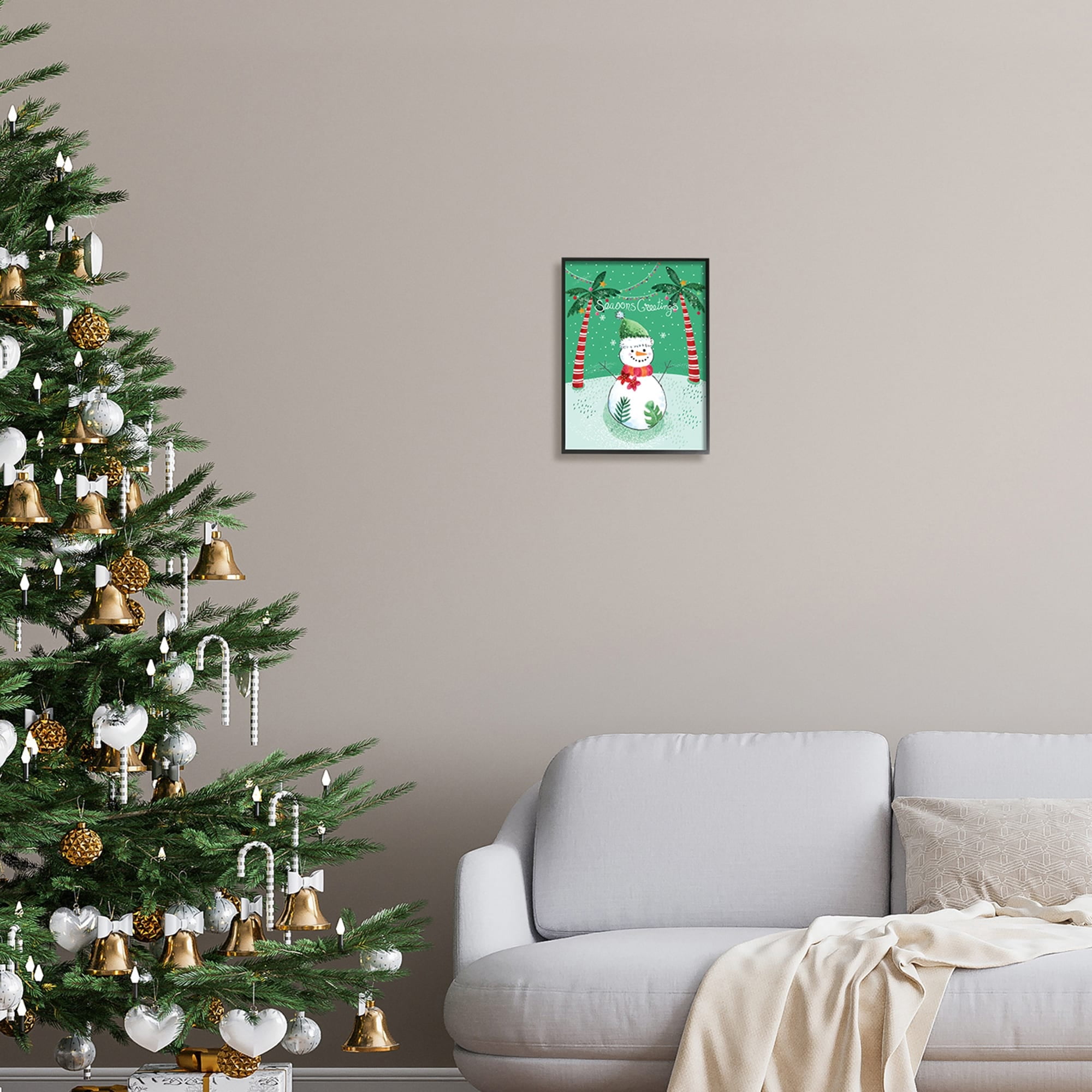 Season's Greetings Tropical Striped Palm Trees Snowman Landscape Graphic Art Framed Art Print Wall Art