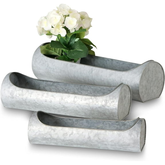 Modern Farm House Trough Planters, Set 3, Metal, Galvanized Grey Color, 22.5, 18, 13.75 Inches Long