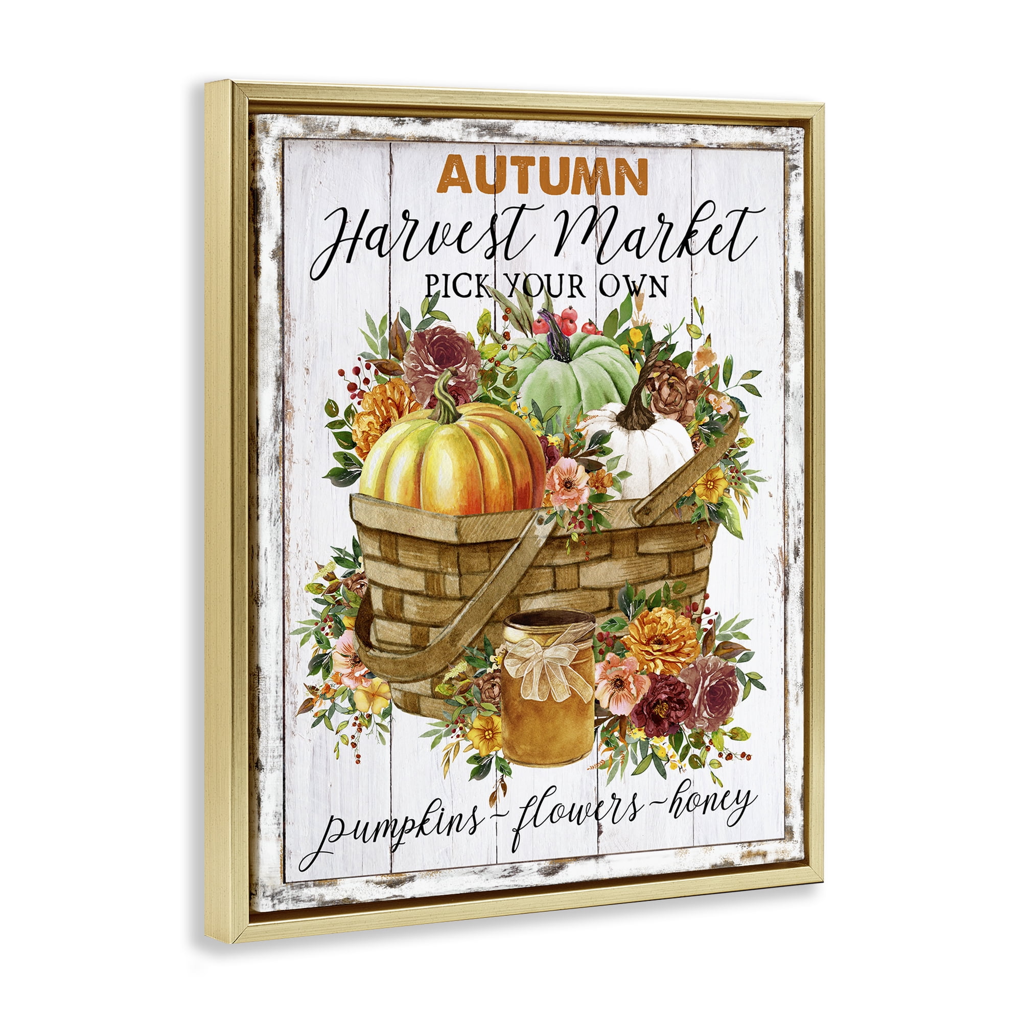 Stupell Industries Autumn Floral Market Holiday Painting Gold Floater Framed Canvas Art Prints Wall Art, 17 x 21