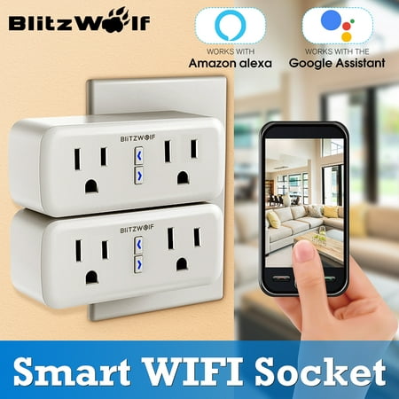 WIFI Smart Plug, BlitzWolf Mini Wifi Outlet Dual Outlet Compatible With Alexa, Google Home & IFTTT, No Hub Required, Remote Control Your Home Appliances from