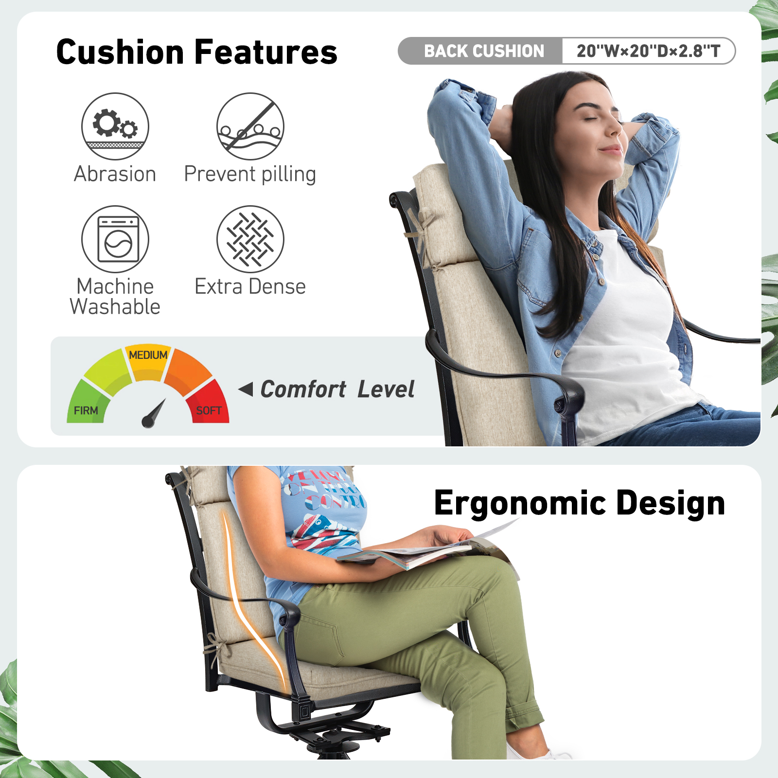 BPS Outdoor High Back Dining Chair Cushion Set, 37"x20"x2.8", TPU Water Repellent Coating&Stain Resistant, Polyester Fabric Cover with Ties and Zipper, Brown, Set of 4