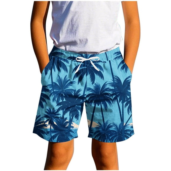 ATOGUTA Boys Swim Shorts Casual Printed Summer Beach Shorts Swimsuit Kids Quick Dry Swimwear Blue, Size 7-14