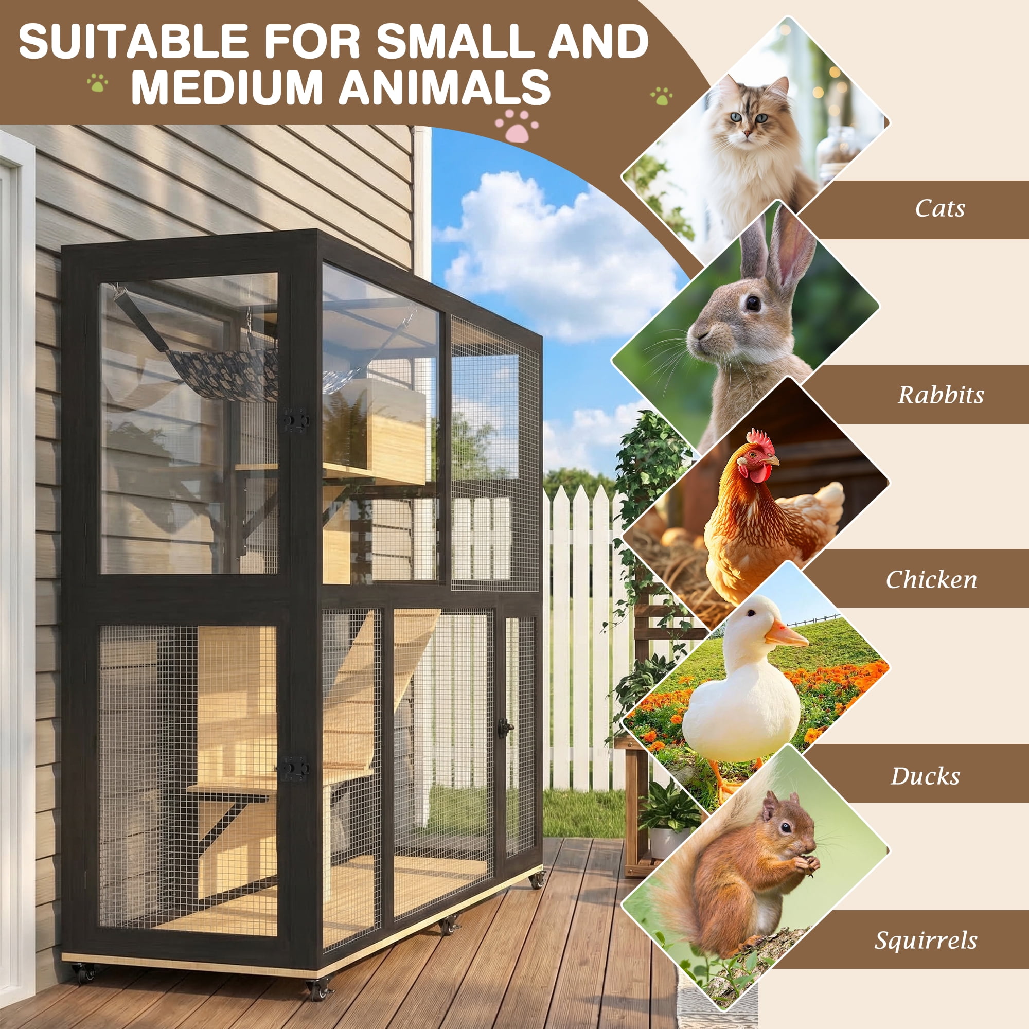 Haverchair 4-Tier Catio Cat Enclosure Outdoor, Portable Cat House Cage for Multiple Cats Indoor, Wood Kitty Condo w/Waterproof Roof Wheels Platforms Hammock Scratching Post for Sunbathing Playing