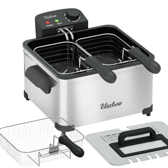 Bluebow Electric 5.3QT Deep Fryer, 1700W Immersion Fryer with 3-Baskets, Adjustable Temperature, Lid with Viewing Window, Stainless Steel