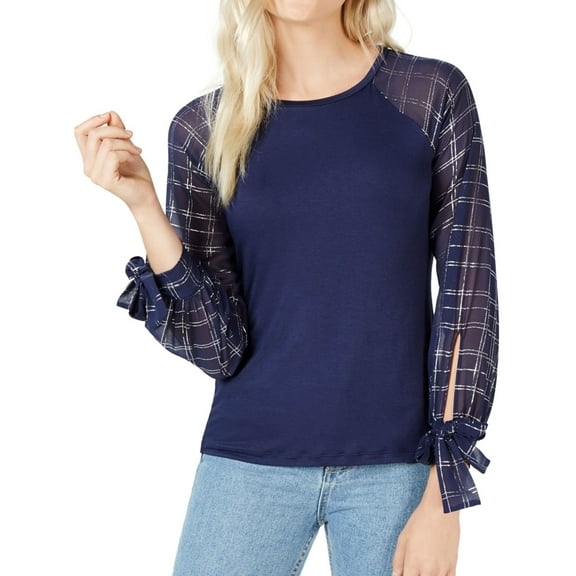 Maison Jules Womens Plaid Sleeve Knit Blouse