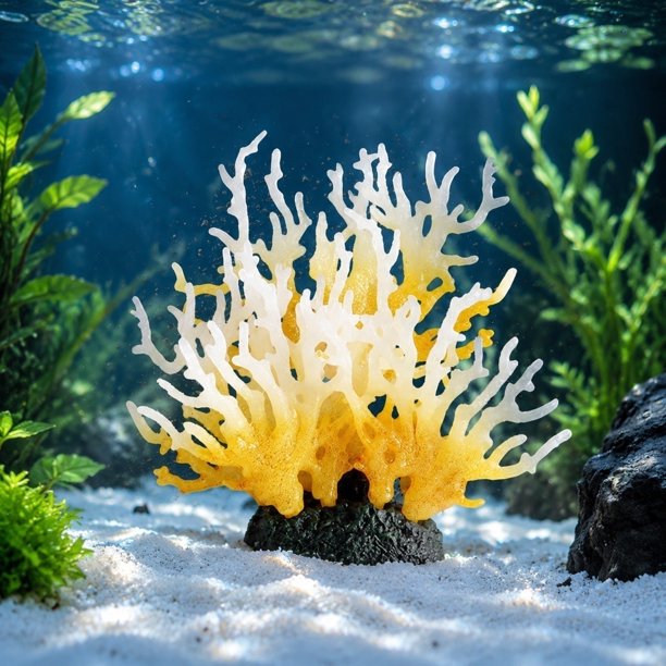 Decoración de Rama de Mar Falsa para Acuario con Base para Tanques de Agua Salada, Plástico Suave, Rojo y Amarillo Brillante, 21x19x7cm