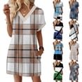 thumbnail image 4 of Women's Fashion Geometric Grid Print V-Neck Short Sleeve Casual Dress with Pocket, Pullover Summer Dress, Comfortable Loose Fit, Stylish Ladies Wear,Light Brown,M, 4 of 8