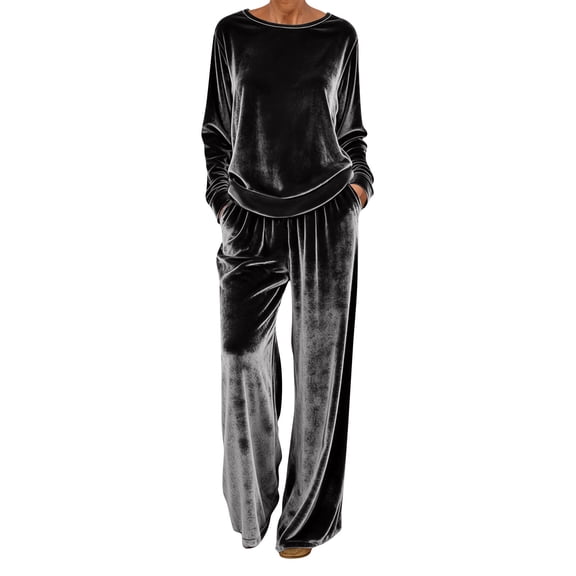 mihongmao Summer Outfits 2 Piece Sets for Women Dressy Women's Casual Loose-fitting Round Neck Pullover Long-sleeved Trousers Velvet Suit Black L