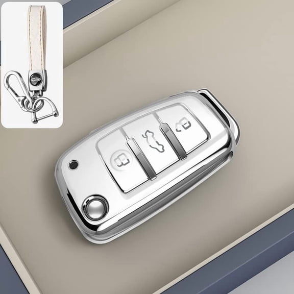 Key Fob Cover Compatible with Fit for Audi Q3 Q7 R8 A6L TT, Sliver-Edge, 3 Button, Flip Key Fob, Keyless, Key Case, Leather Keychain, Keychain Case Holder Protector,Beige-A
