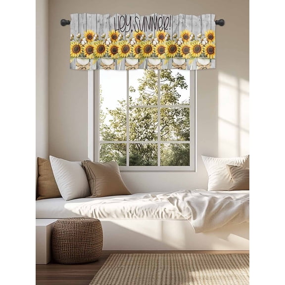Kitchen Valances for Window, Farm Sunflowers on Wooden Board Light Filtering Rod Pocket Valance Curtain, Hello Summer on Wood Grain Short Curtains Window Topper for Bedroom Living Room 54x18in