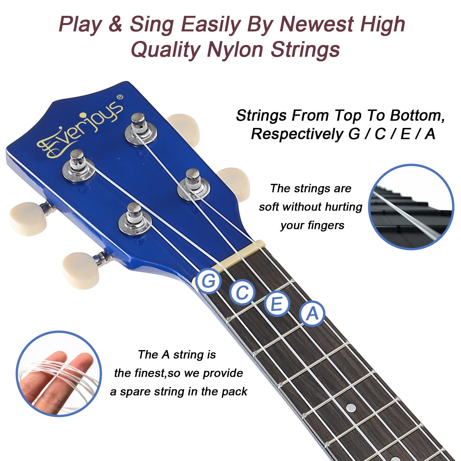 Everjoys 21" Soprano Ukulele Beginner Kit w/ Free Online Lesson, Gig Bag, Strap, Digital Tuner, Spare String, Picks, Polishing Cloth, Rainbow Series