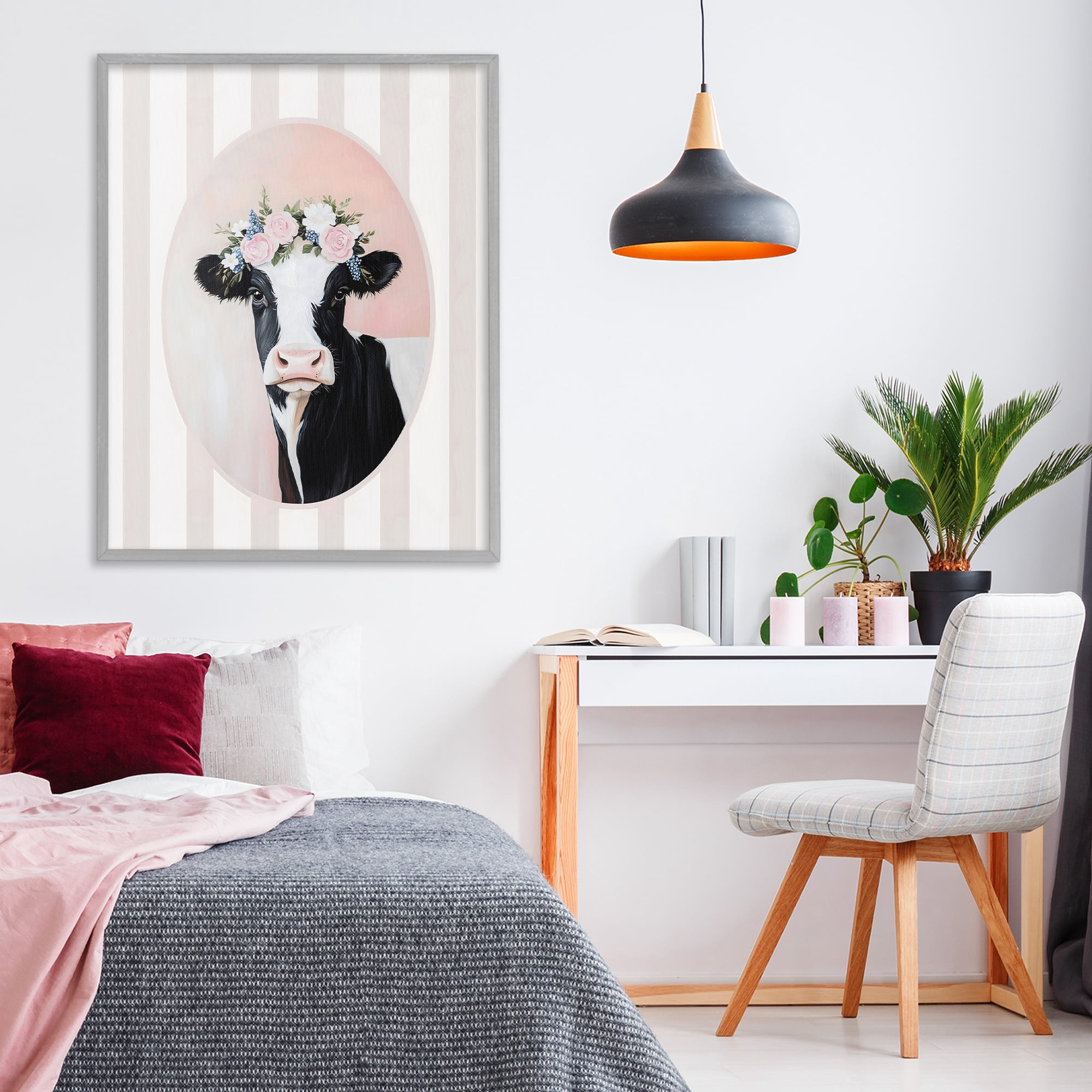 Stupell Industries Soft Cow with Floral Crown Gray Framed Giclee Art, design by Arlington Prints