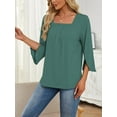 thumbnail image 3 of 3/4 Sleeve Tops for Women Casual Shirt Pleated Square Neck Tunic Blouse Dressy Split sleeve Loose T Shirts(Blue L), 3 of 6