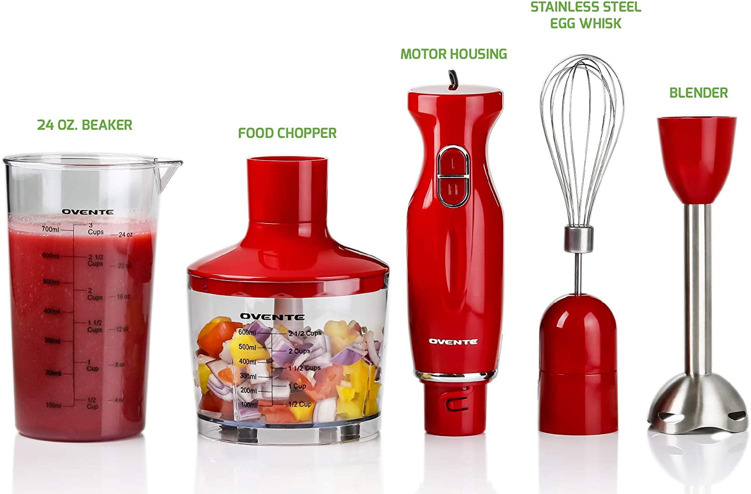 OVENTE Ultra-Stick 2-Speed Red Hand Immersion Blender Set with