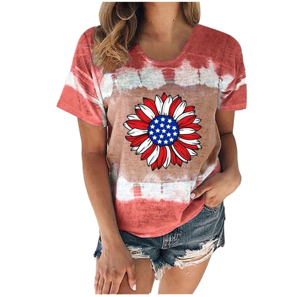 Tops Cortos para las Mujeres Día de la Independencia Corbata Impresa Manga Corta Cuello de la Tripulación, Tops de Corbata para las Mujeres