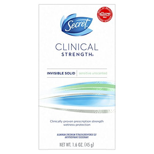 Secret Antiperspirant Deodorant for Women, Clinical Strength Invisible Solid, Sensitive Unscented, 1.6 Oz