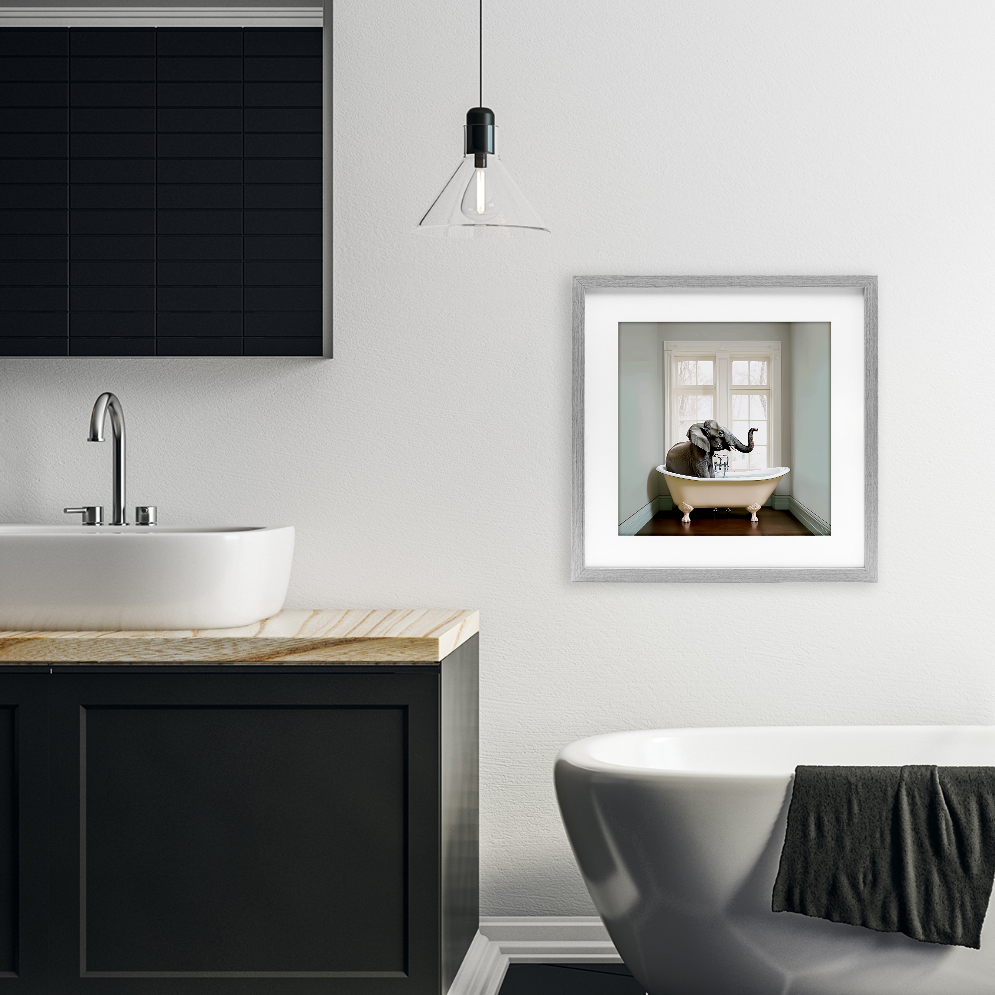 Minimal Elephant Bathtime Gray Framed Print Under Glass, design by Sasha