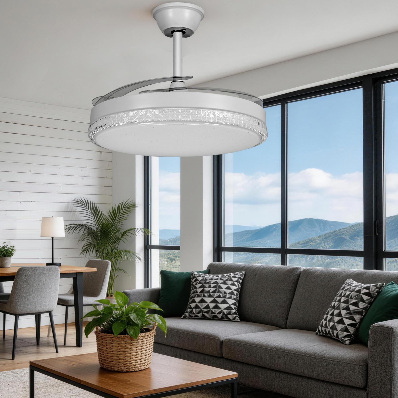 RJFKSNC 42" Retractable Ceiling Fan with Light,Acrylic chandelier, Dimmable LED 3000K-6500K, 6 Speeds, Reversible Motor, Remote & APP Control, for Living Room Bedroom Dining Room