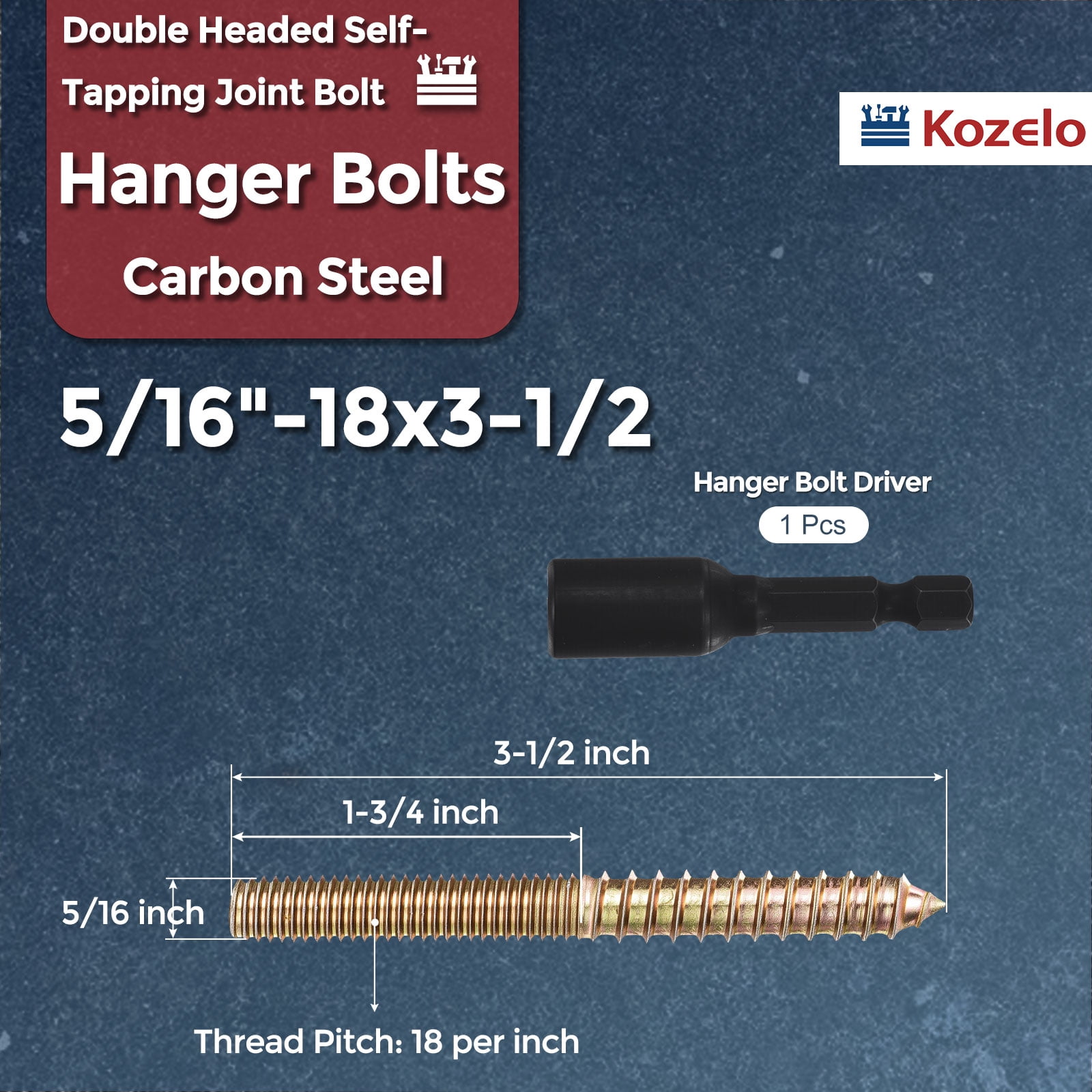 Uxcell 20pcs Hanger Bolts with Driver - [5/16"-18x3-1/2"] Double Headed Wood Dowel Self Tapping Screw Set for Repair, Dual Ended Thread Rod Joint Blot, Colored Zinc Coating