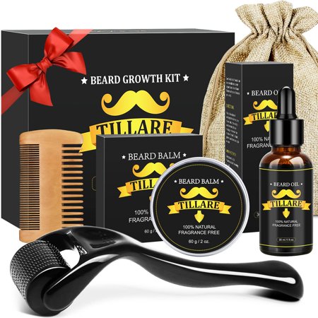 TILLARE Beard Growth Kit - Beard Kit with Beard Growth Oil, Beard Massager, Beard Balm, Beard Comb, Beard Kit for Patchy Beard, Birthday Gifts for Men Him Husband Boyfriend Dad