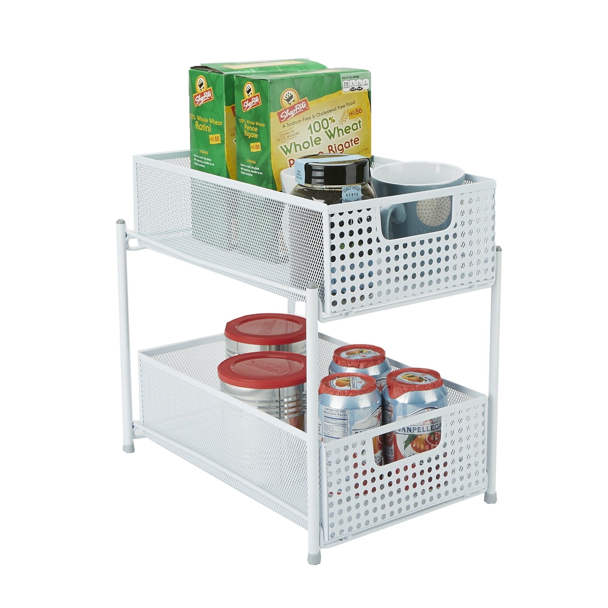 Mind Reader 2-Tier Metal Mesh Heavy Duty Organizer Slide Out Basket Drawer For Kitchen, Bathroom, Office Desk, White