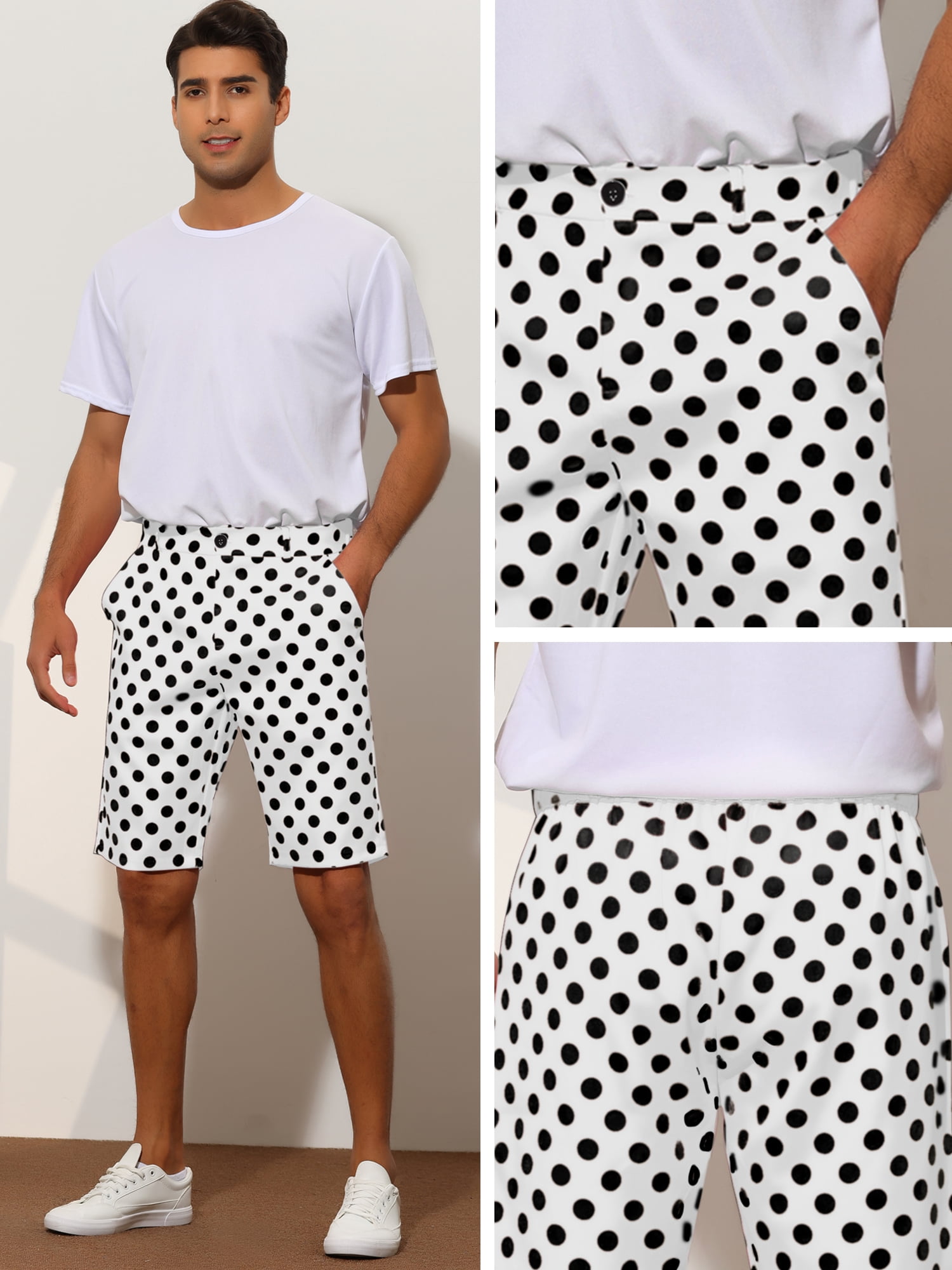 Unique Bargains Men's Polka Dots Shorts Straight Fit Comfort Flat Front Chino Shorts 28 White