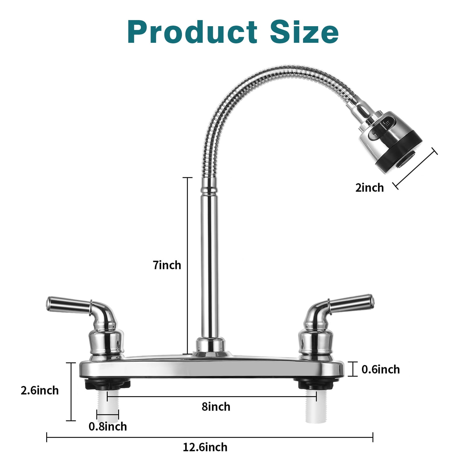 RV Kitchen Faucet, Non-Metallic Camper Kitchen Sink Faucet 8 Inch 2 Hole Double Handles with Flexible Arch 360 Degree Rotatable Spout for Campers, Motorhome, Travel Trailer, Chrome