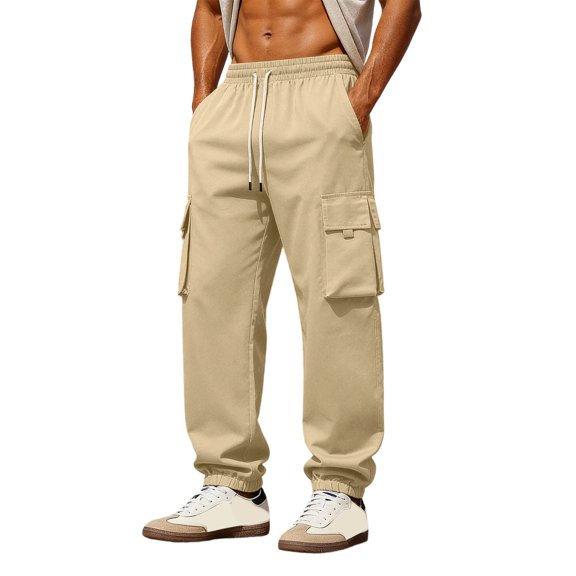 MXUIKV Sweatpants Men Elastic High Waist Loose Fitted Straight Leg Hiking Jogging Outdoors Cargo(X-Small,Khaki)