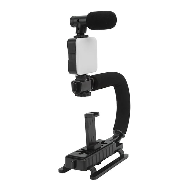 Camera Stabilizer Handle, Sponge Nonslip Handle Phone Camera Stabilizer U Shaped Handheld ABS Metal With LED Fill Light For Action Camera