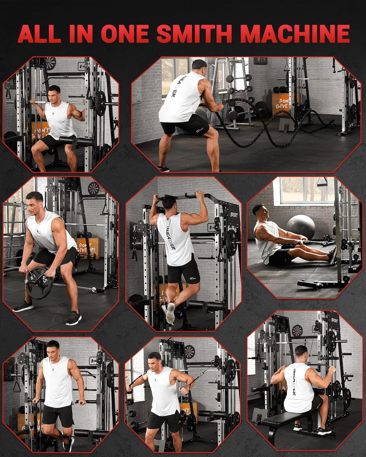 IdealHouse 2200LBS Smith Machine Home Gym, All-in-One Power Cage Squat Rack with LAT Pull-Down, Dual Pulleys & Attachments, Black