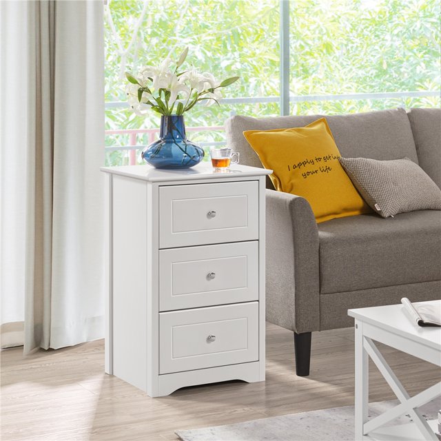 Yaheetech Modern End Table w/three Drawers, White
