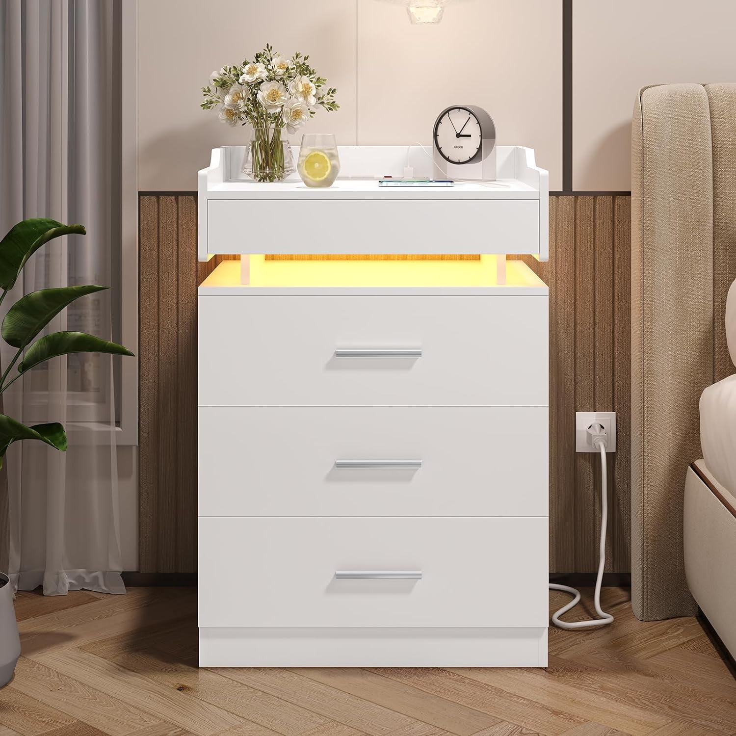 Afuhokles Nightstand with Charging Station and LED Lights, Night Stand with 3 Drawers, White