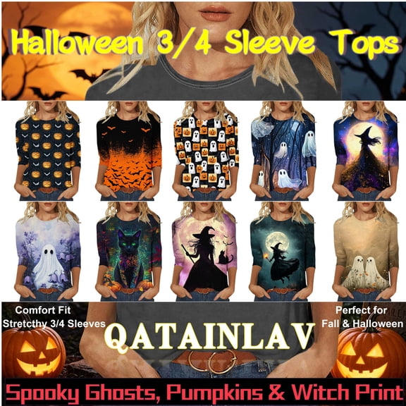 QATAINLAV Halloween Shirts for Women Funny Cute Graphic 3/4 Sleeve Tunic Tops Casual Round Neck Pullover Blouse Orange XXL