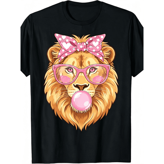 Cute Lion Blowing Bubblegum Graphic T‑Shirt, Pink Bow Glasses Fun Animal Print Crewneck Tee, Casual Short Sleeve Top for Women