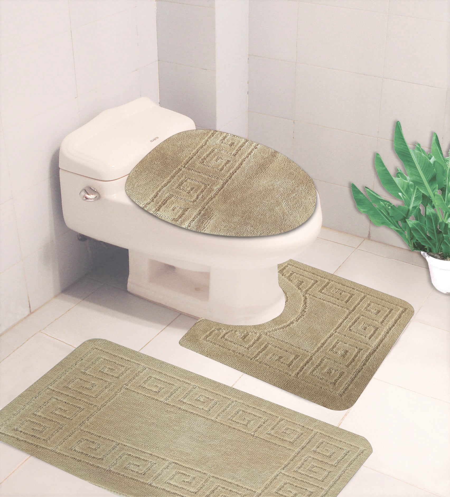 10 BEIGE Taupe 3Piece Embossed Bathroom Mat Set, Solid Large Rug 19"x 30", Contour Mat 19"x19