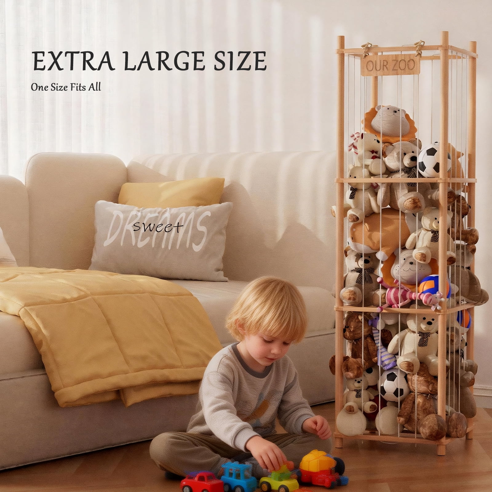 Stuffed Animal Storage Organizer, Wood Animals Zoo Toy Plushies Storage Holder, Large Capacity Plush Toy Cage for Playroom Organization, 15.7" Wide, Natural