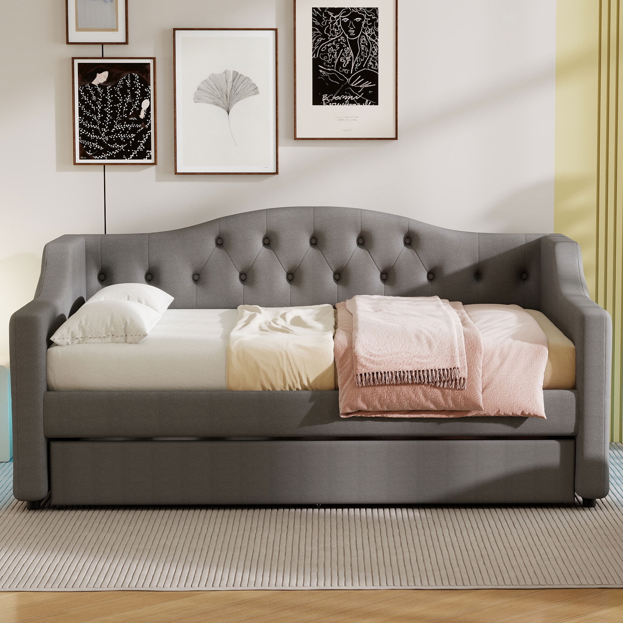 Euroco Upholstery Full XL Daybed with Trundle and LED Light, Gray