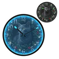 Voice Activated Clock with Glow Light 12 Inch Large Silent Wall Clock Battery Operated for Home Decor Gray Cat with Green Eyes