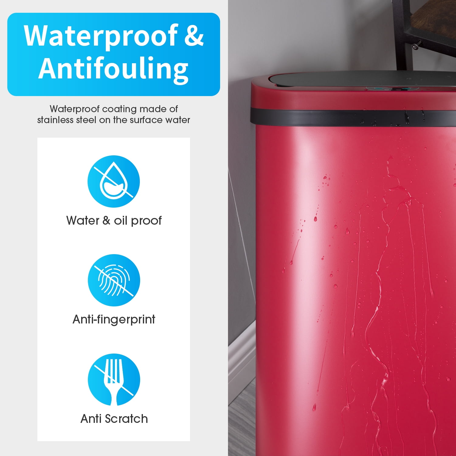 BIQWBIC 13 Gallon Tall Automatic Trash Can | Touch-Free Motion Sensor | High-Capacity Kitchen Trash Can | Waterproof Bathroom Trash Can | Living Room & Office Trash Can- 49L Waste Bin (1, Red)