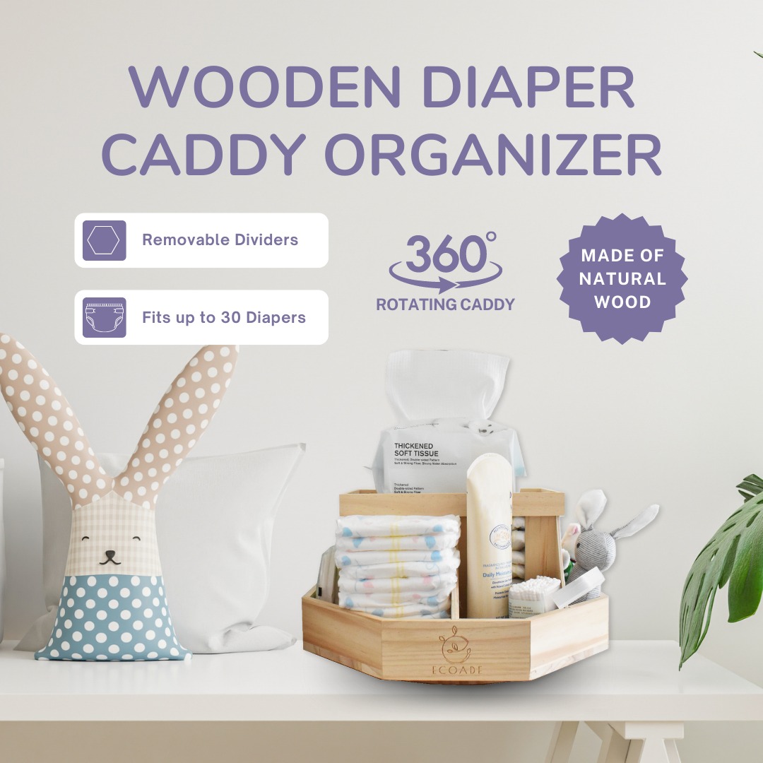 Wooden Diaper Caddy Organizer - 360 Degrees Rotating Caddy with Removable Dividers, Nursery Diaper Organizer