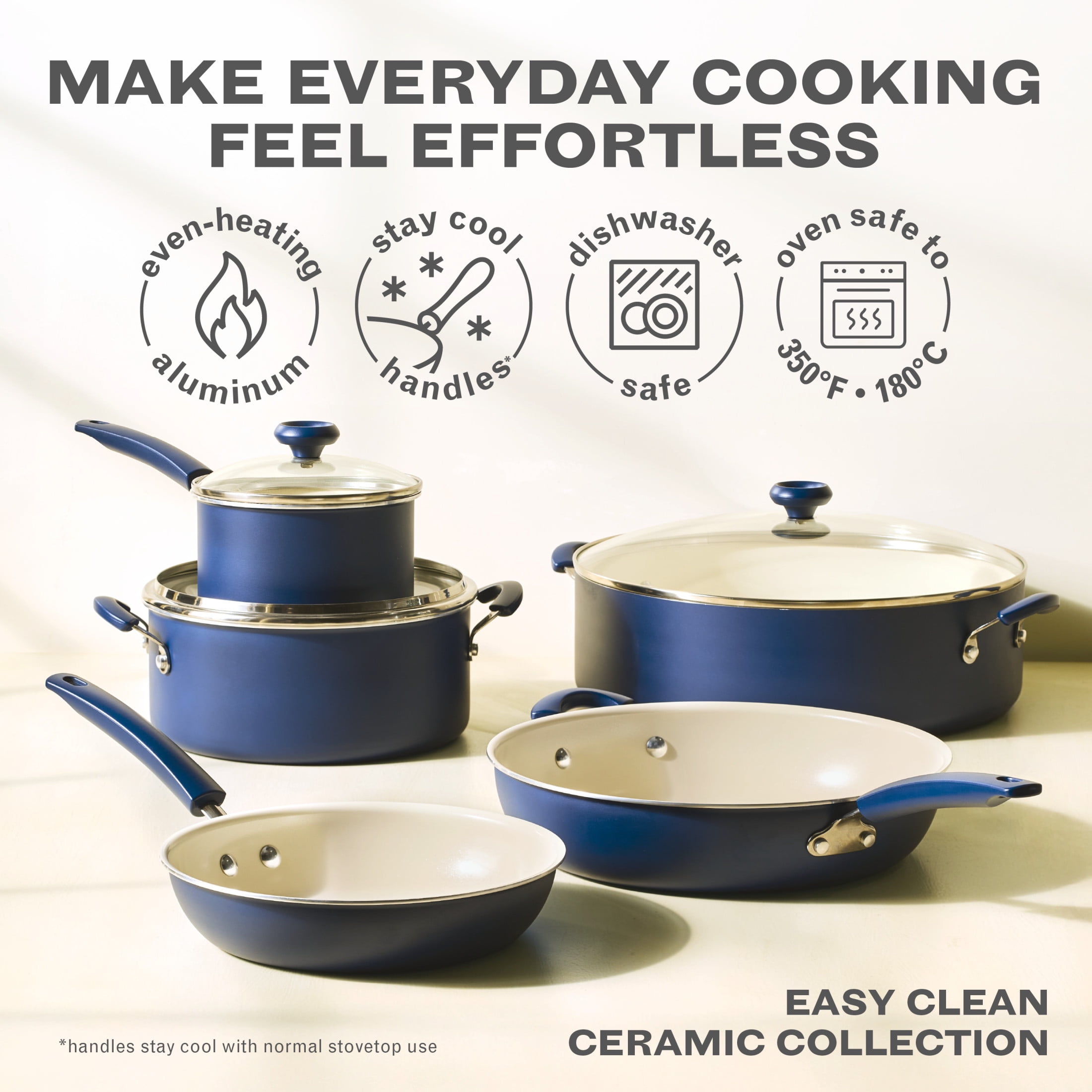 Farberware Easy Clean 14 Inch Ceramic Nonstick Large Family Pan / Saute Pan with Glass Lid, 10.5 Quart Capacity, Dishwasher Safe, Blue